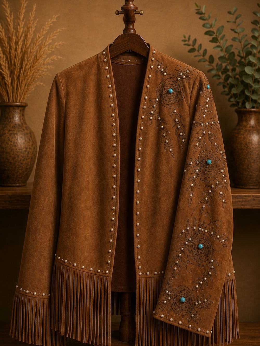 Fringe Faux Suede Engraved Jacket - Brown